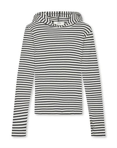 Mads Nørgaard - 2x2 Cotton Stripe Tutti Hood Bluse - Black/Vanilla 